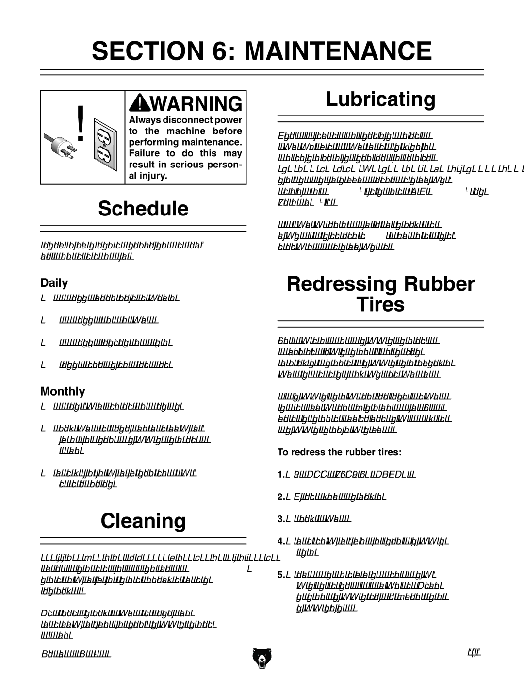 Grizzly G0621X owner manual Maintenance, Schedule, Cleaning, Lubricating, Redressing Rubber Tires 