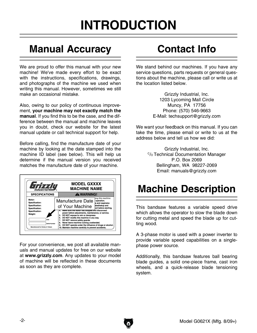 Grizzly G0621X owner manual Introduction, Manual Accuracy, Contact Info, Machine Description, NdjgBVXcZ 