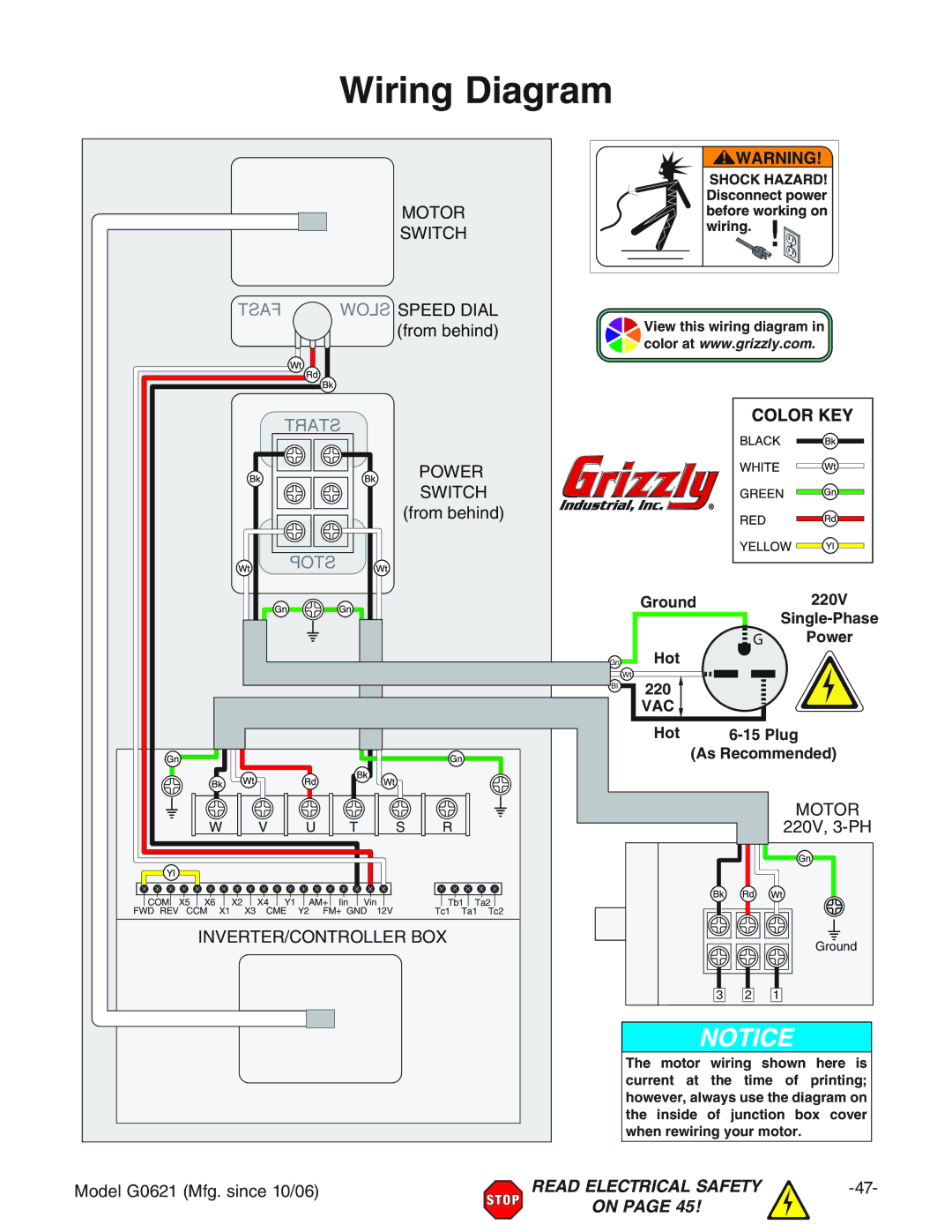 Grizzly G0621X owner manual Wiring Diagram, HLI8= gdbWZcY, Bdidg %K!E=, BdYZa%+&B\#hcXZ&%$%+ 