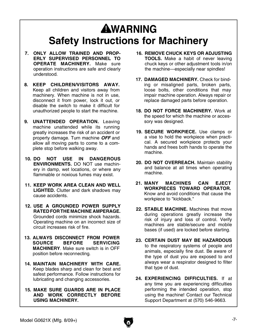 Grizzly G0621X owner manual Keep CHILDREN/VISITORS Away, @cdlVcYVkdYXdcYidchiViXVjhZiZ ldg`eZXZid`X`WVX`# 