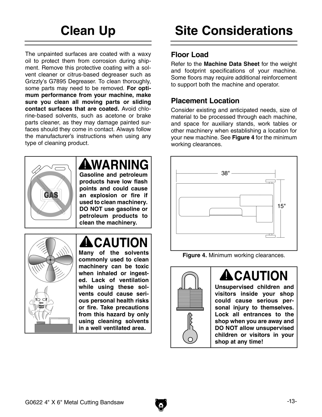 Grizzly G0622 owner manual Clean Up, Site Considerations 