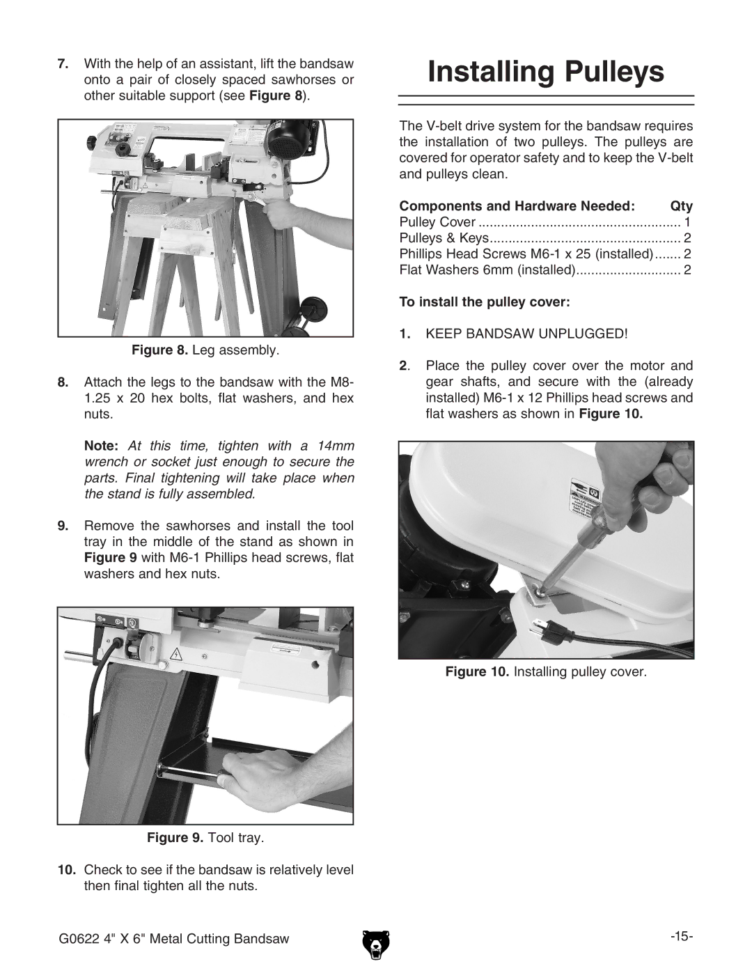 Grizzly G0622 owner manual Installing Pulleys, To install the pulley cover 