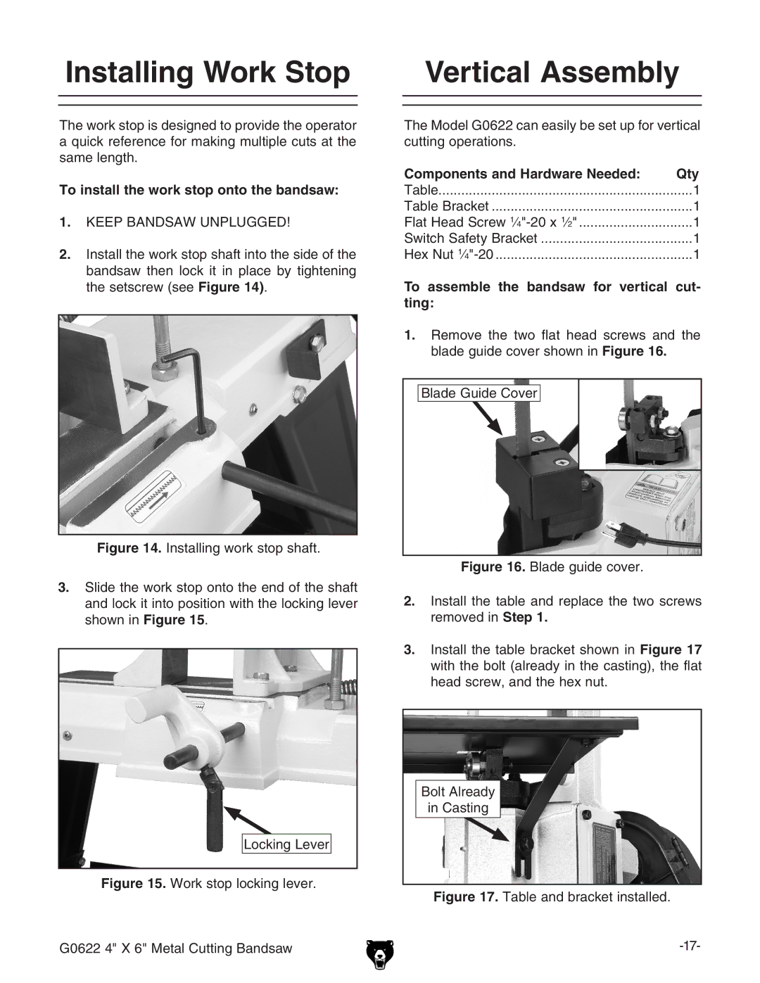 Grizzly G0622 owner manual Installing Work Stop Vertical Assembly, To assemble the bandsaw for vertical cut, Ting 