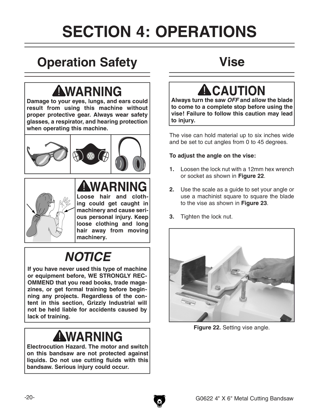 Grizzly G0622 owner manual Operations, Operation Safety Vise, To adjust the angle on the vise 