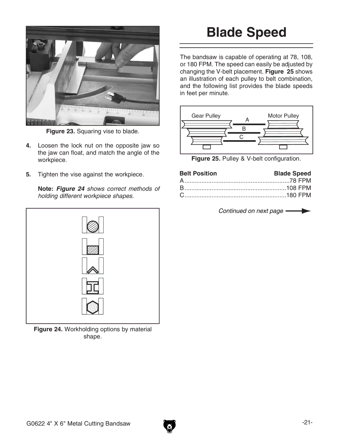 Grizzly G0622 owner manual Blade Speed, Belt Position 