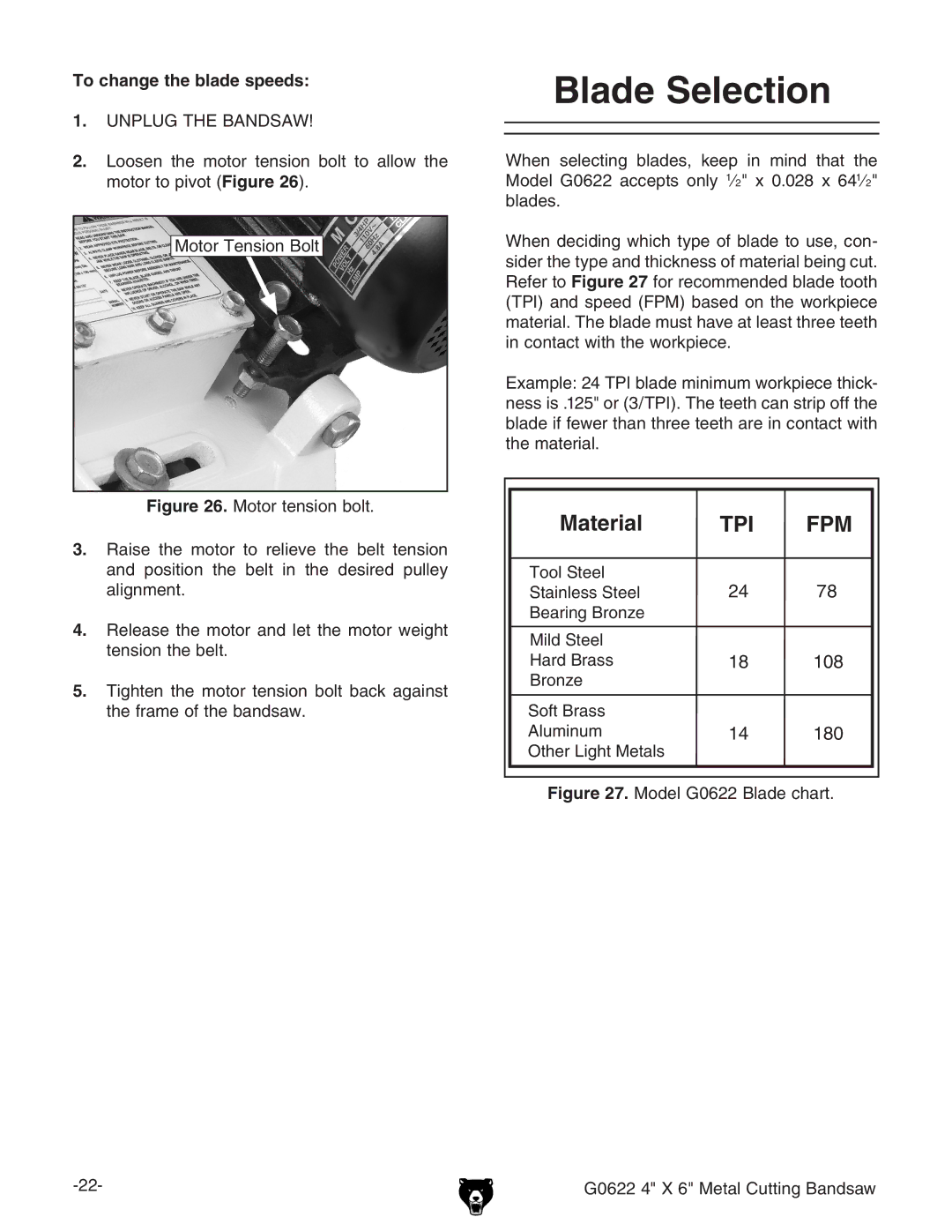 Grizzly G0622 owner manual Blade Selection, To change the blade speeds 