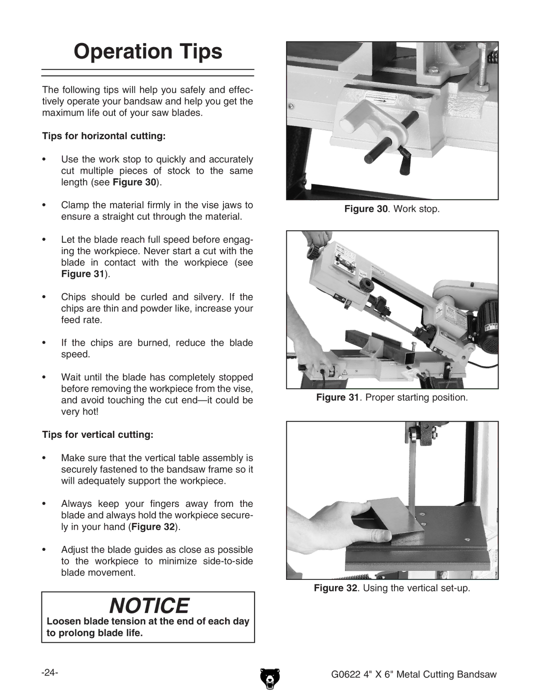 Grizzly G0622 owner manual Operation Tips, Tips for horizontal cutting, Tips for vertical cutting 