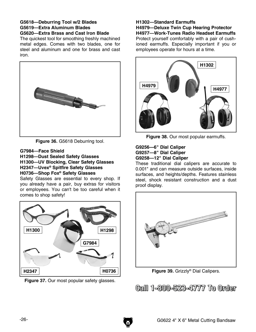 Grizzly G0622 owner manual H1302-Standard Earmuffs, H1302 H4979 H4977, H1300 H1298 G7984 H2347 H0736 