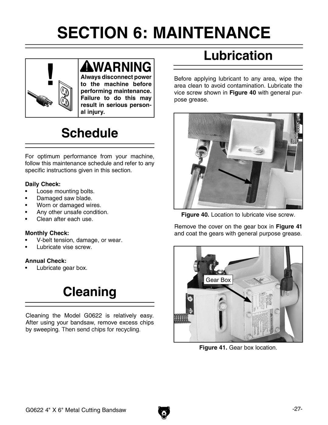 Grizzly G0622 owner manual Maintenance, Schedule, Cleaning, Lubrication 