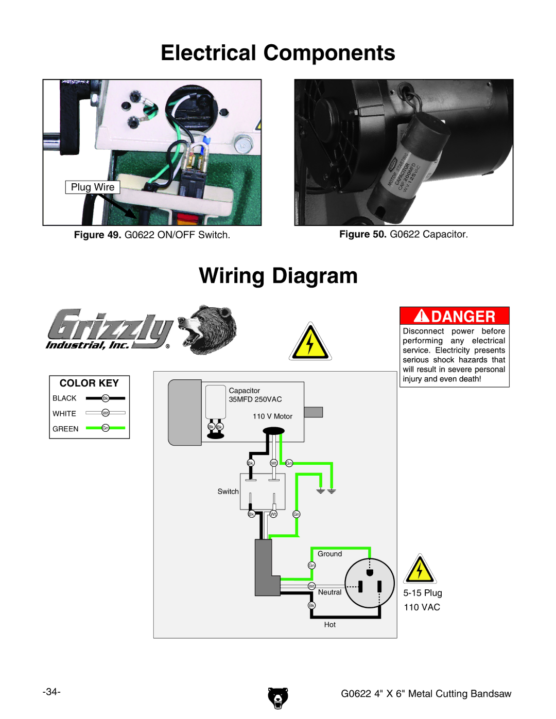 Grizzly G0622 owner manual Electrical Components, Wiring Diagram 