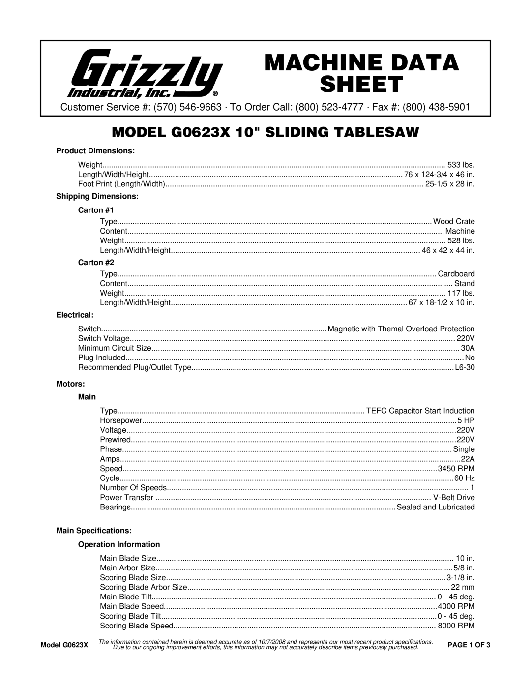 Grizzly G0623X specifications Product Dimensions, Shipping Dimensions Carton #1, Carton #2, Electrical, Motors Main 