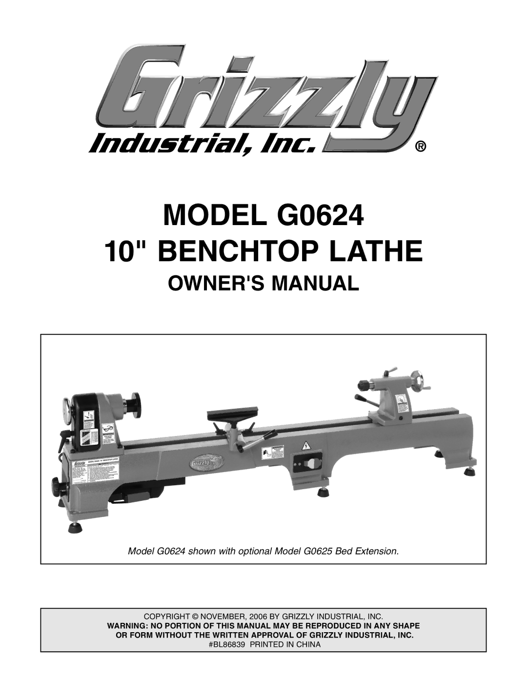 Grizzly owner manual Model G0624 Benchtop Lathe 