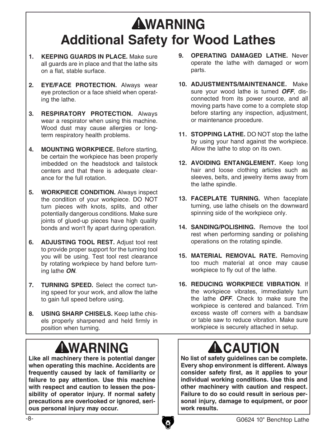 Grizzly G0624 owner manual Additional Safety for Wood Lathes 