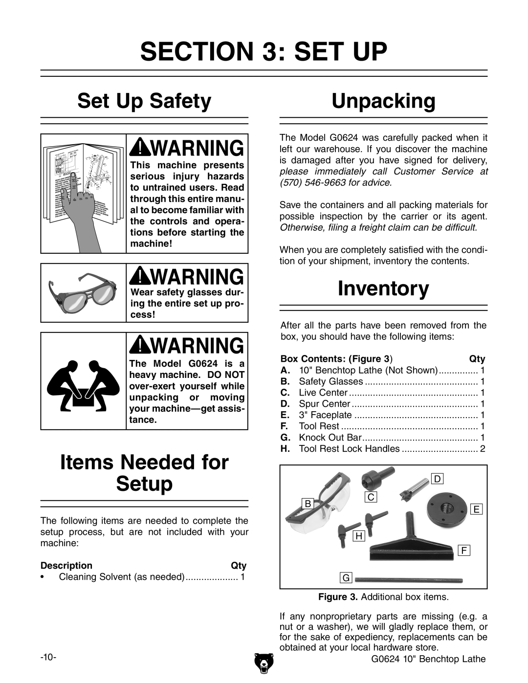 Grizzly G0624 owner manual Set Up Safety Unpacking, Items Needed for, Inventory, Setup 