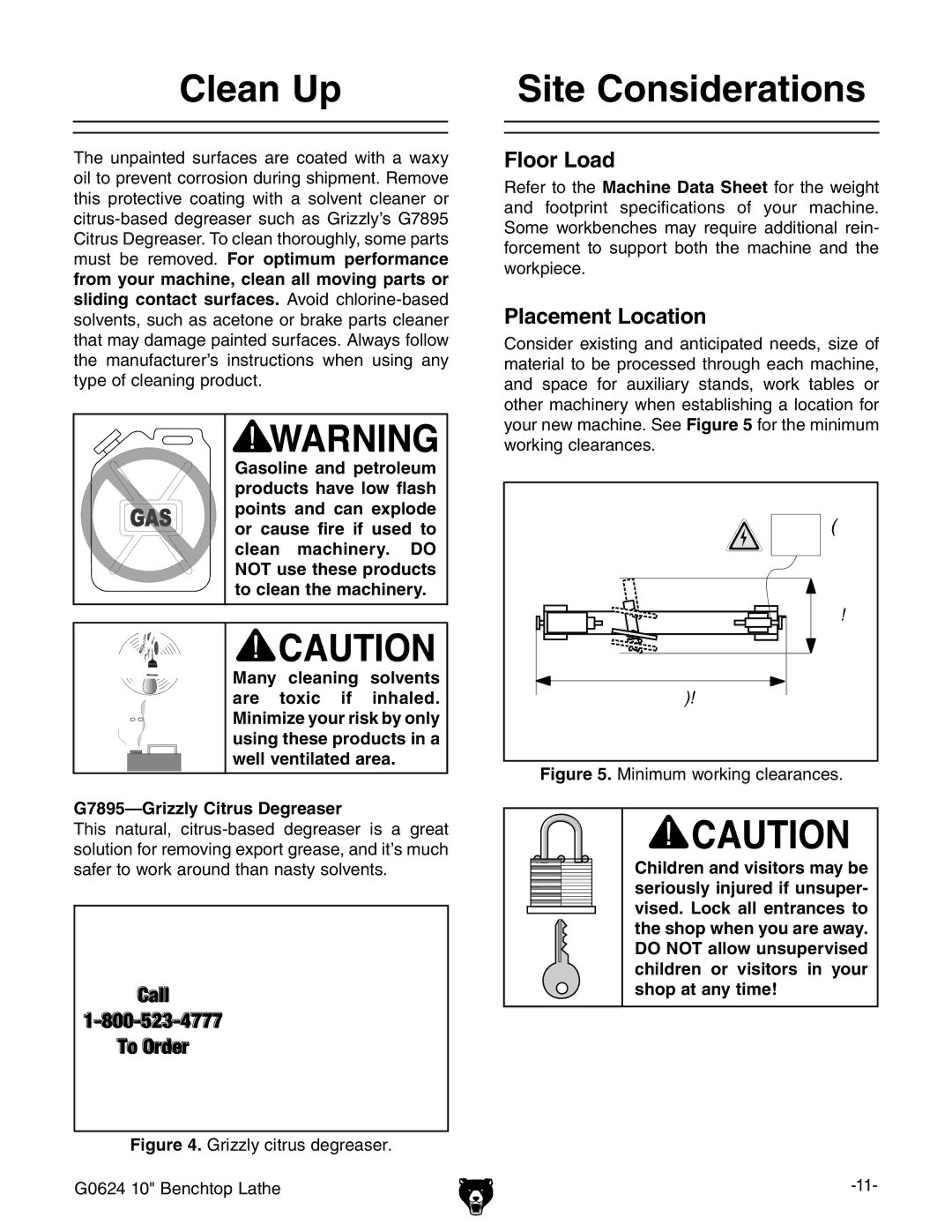 Grizzly G0624 owner manual Clean Up, Site Considerations, G7895-Grizzly Citrus Degreaser 