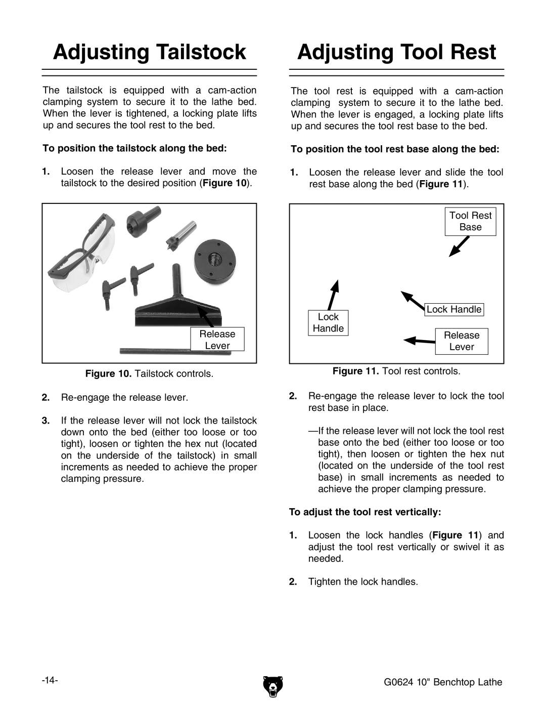 Grizzly G0624 owner manual Adjusting Tailstock Adjusting Tool Rest, To position the tailstock along the bed 