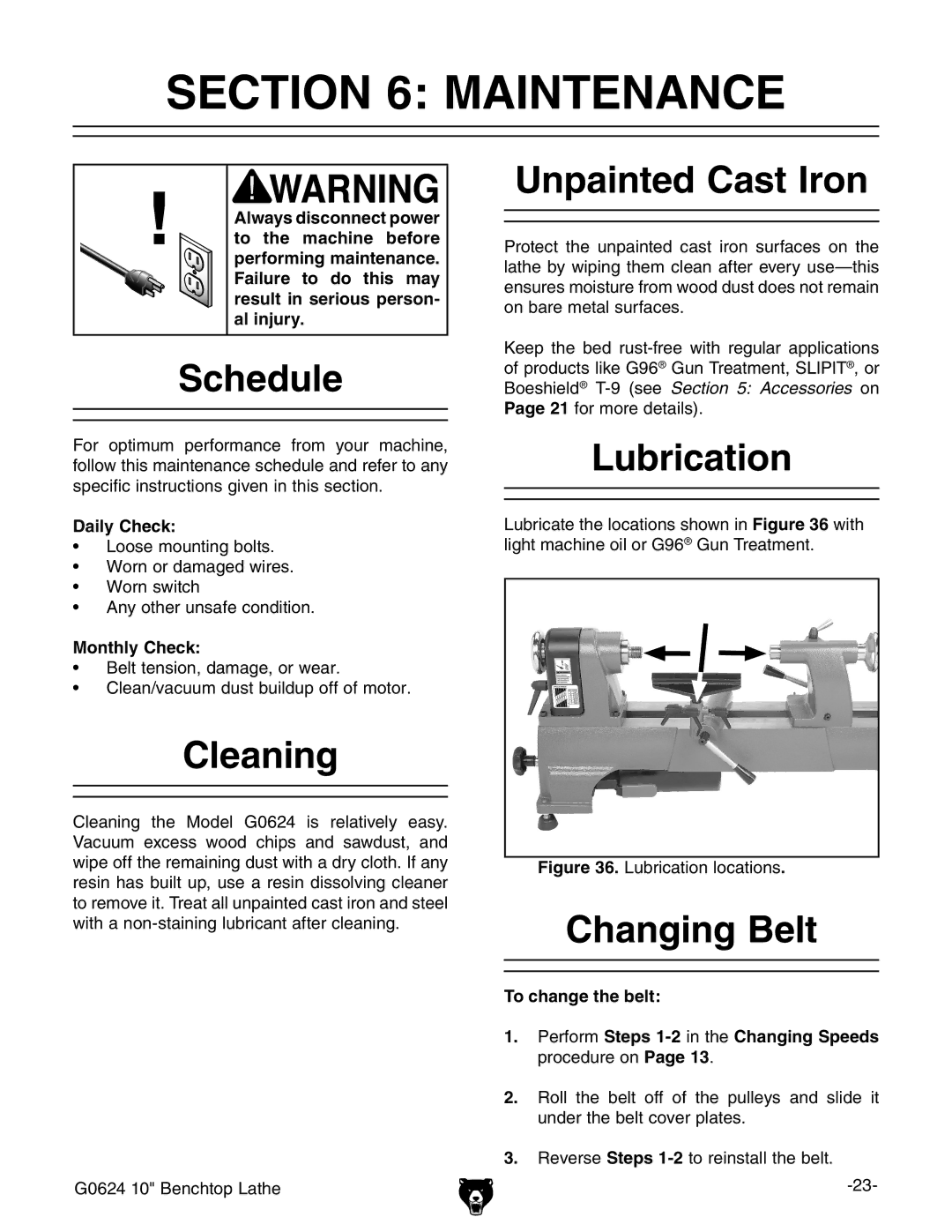 Grizzly G0624 owner manual Maintenance 