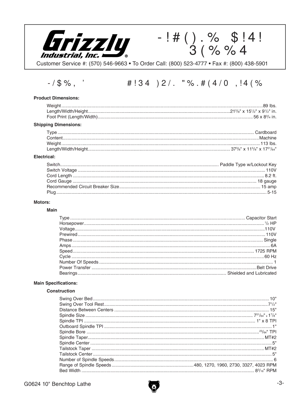 Grizzly G0624 owner manual Machine Data Sheet 