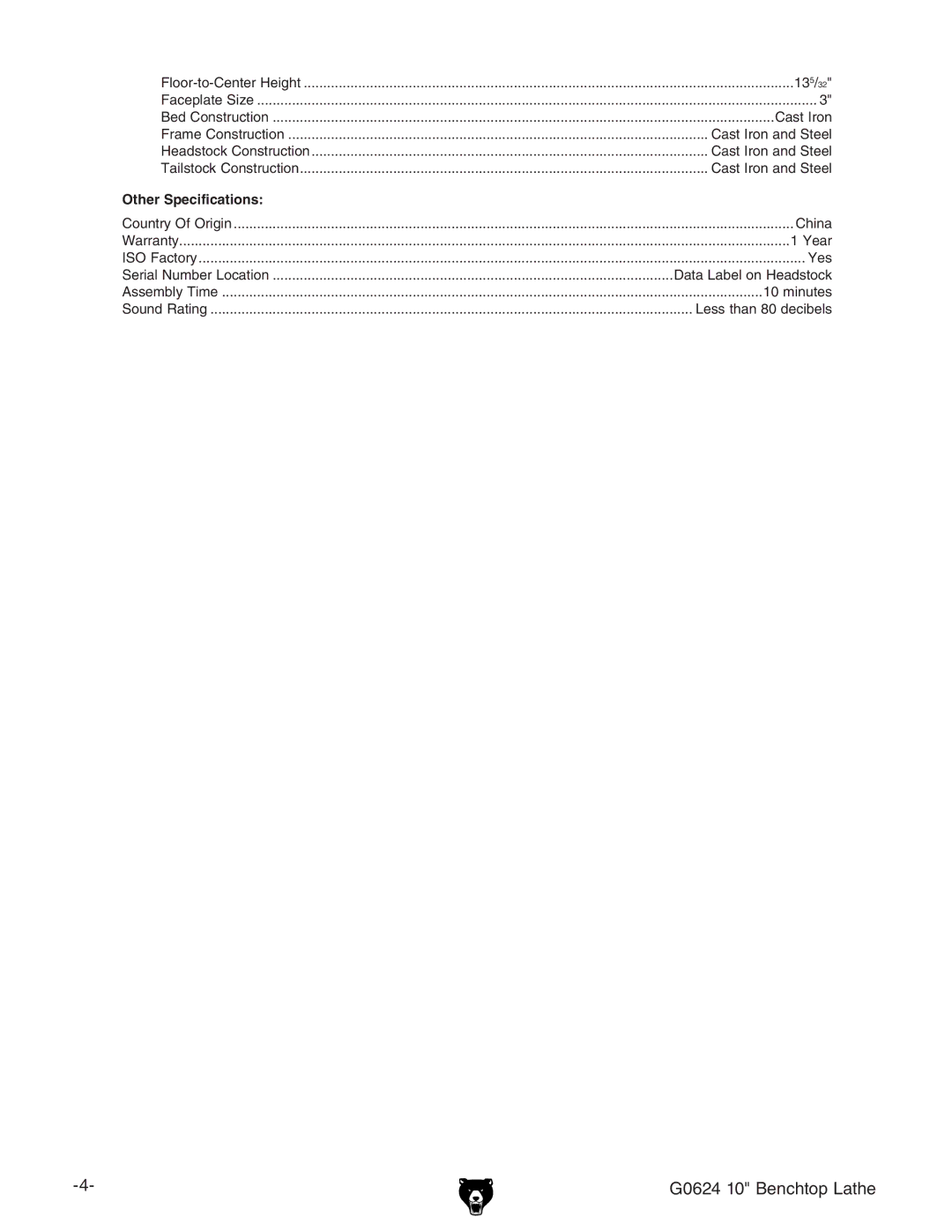 Grizzly owner manual G0624 10 Benchtop Lathe 