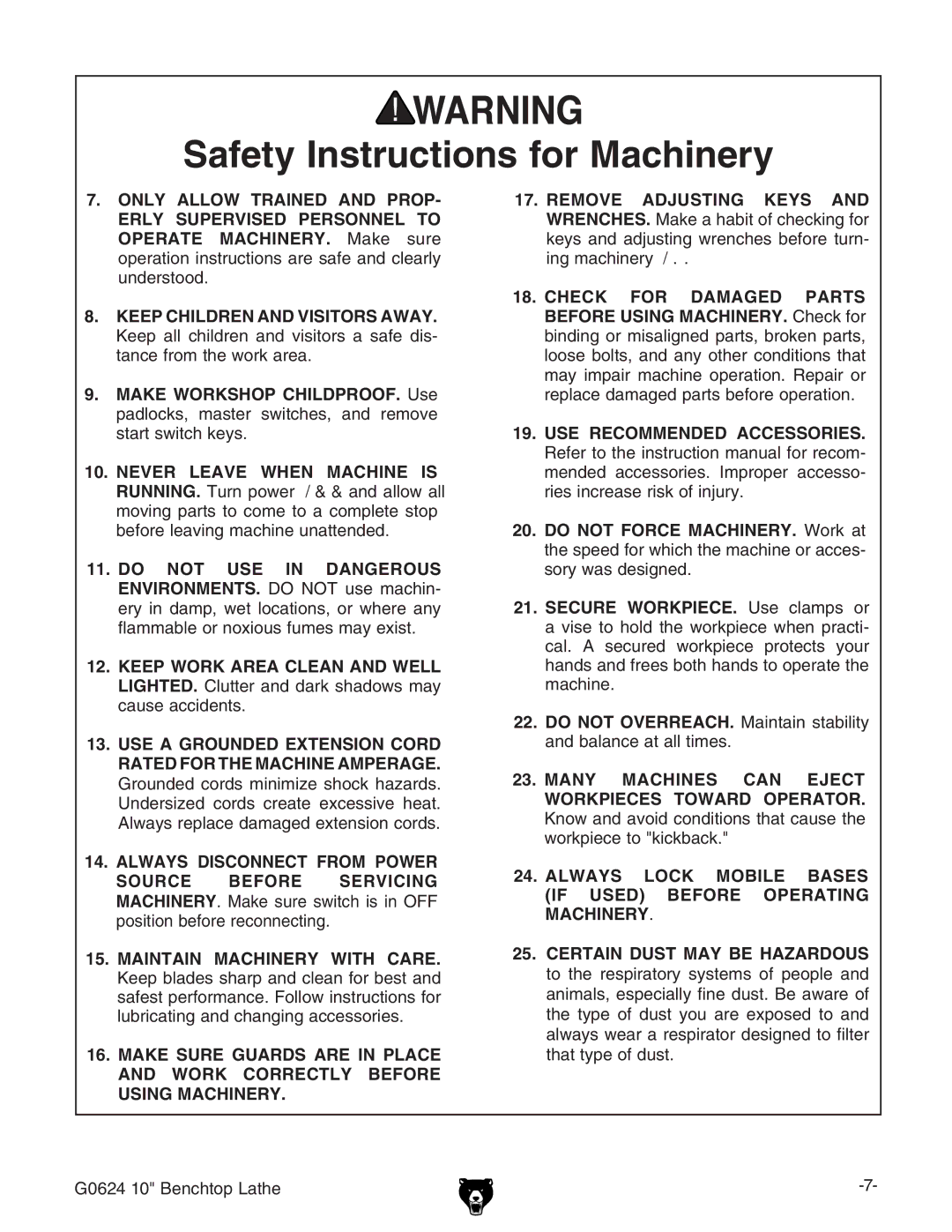 Grizzly owner manual G0624 10 Benchtop Lathe 