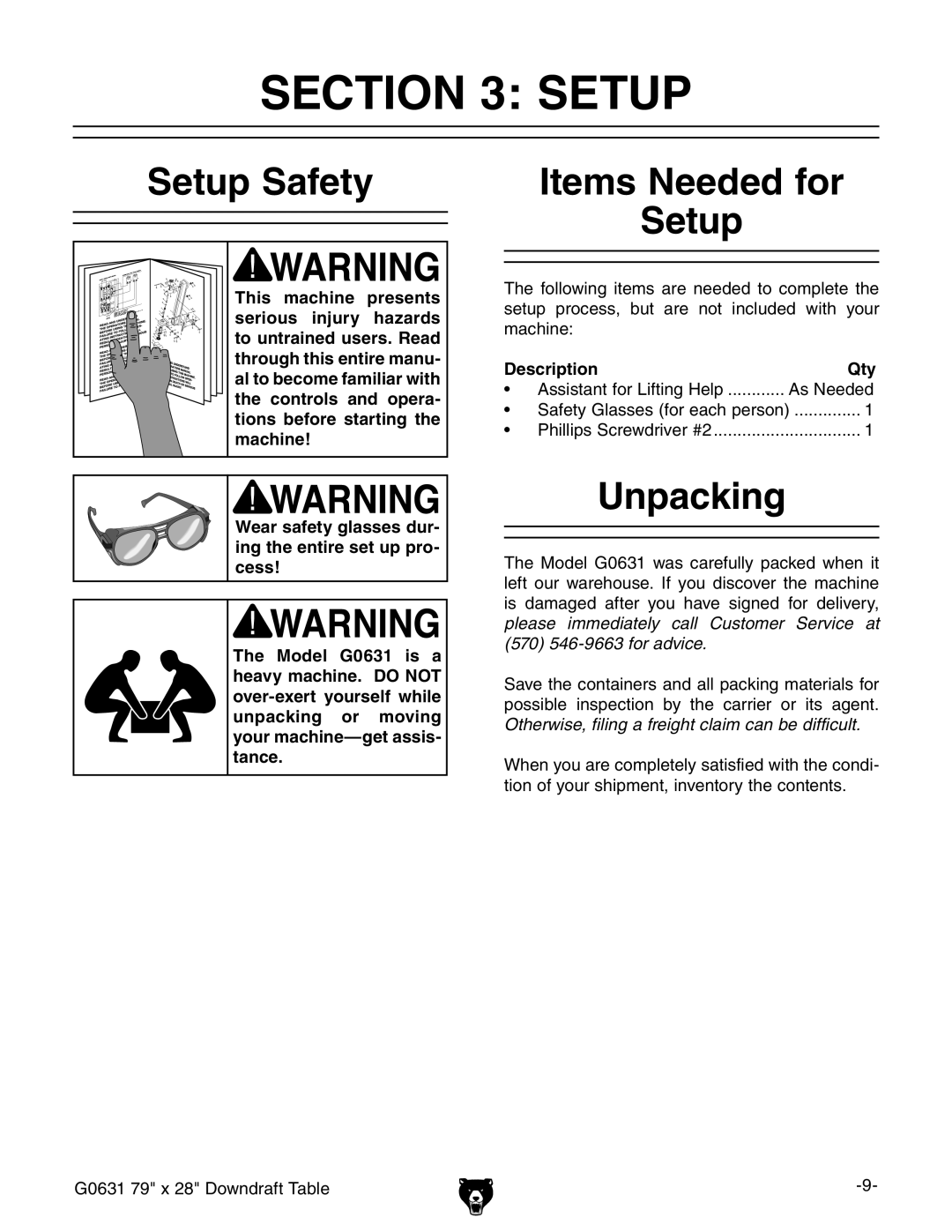 Grizzly G0631 owner manual Setup Safety, Items Needed for Setup, Unpacking, Description Qty 