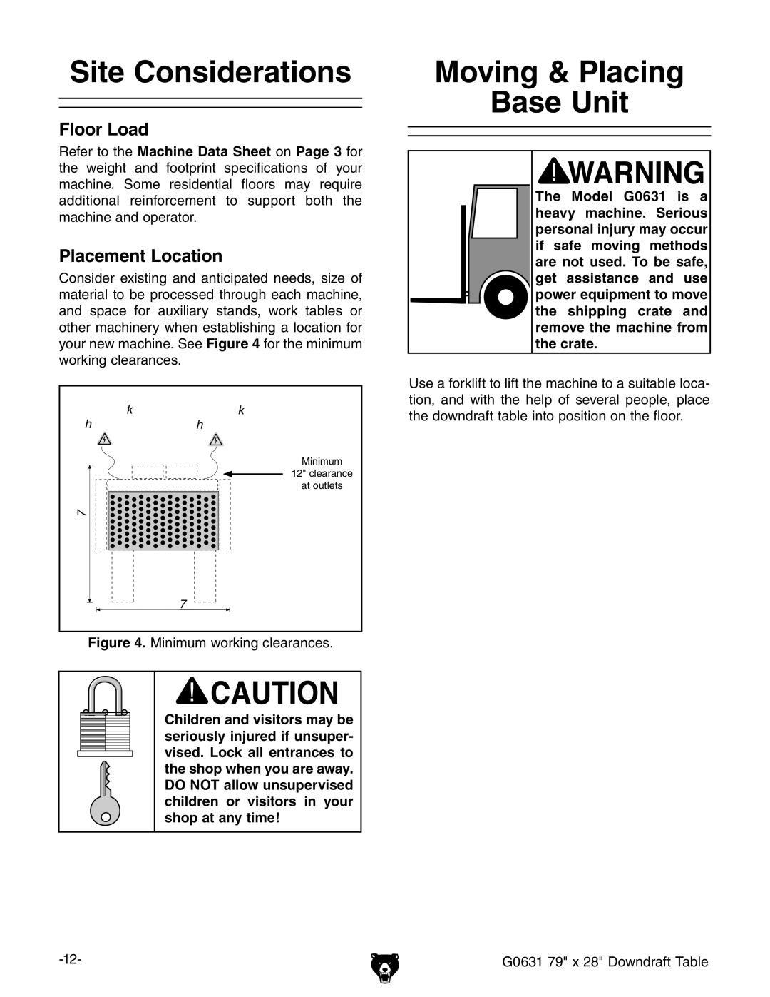 Grizzly G0631 owner manual Site Considerations, Moving & Placing Base Unit 