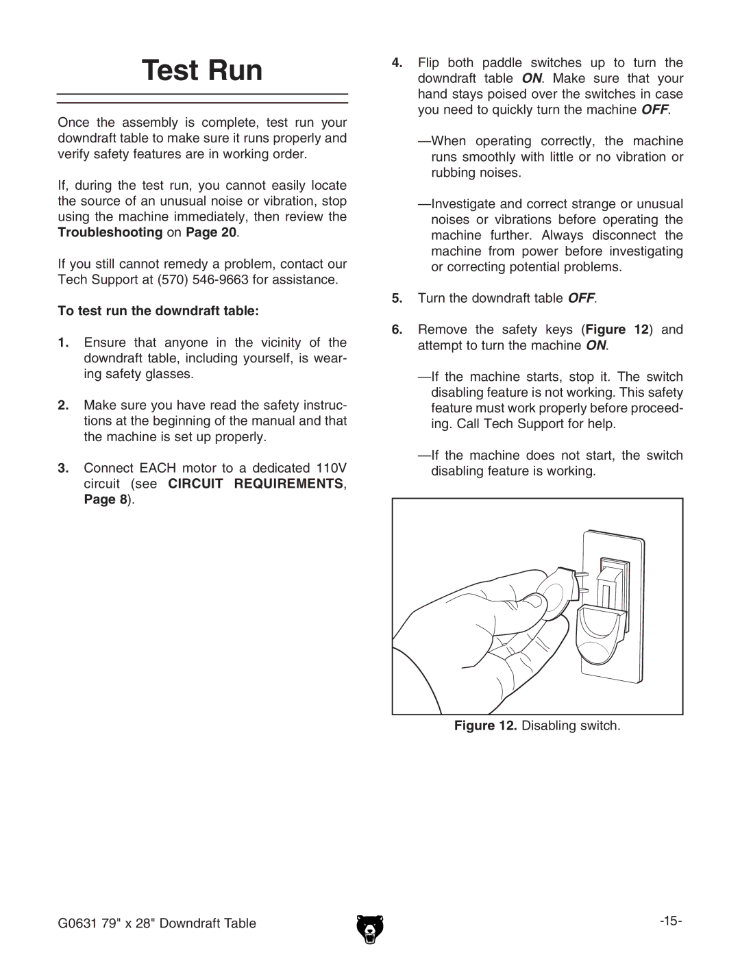 Grizzly G0631 owner manual Test Run, To test run the downdraft table 