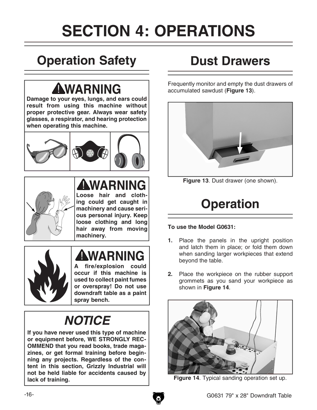 Grizzly owner manual Operations, Operation Safety Dust Drawers, To use the Model G0631 