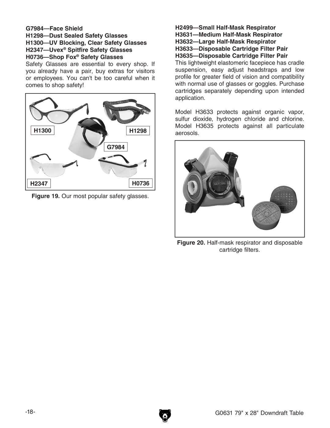 Grizzly G0631 owner manual H1300 H1298 G7984 H2347 H0736, Our most popular safety glasses 