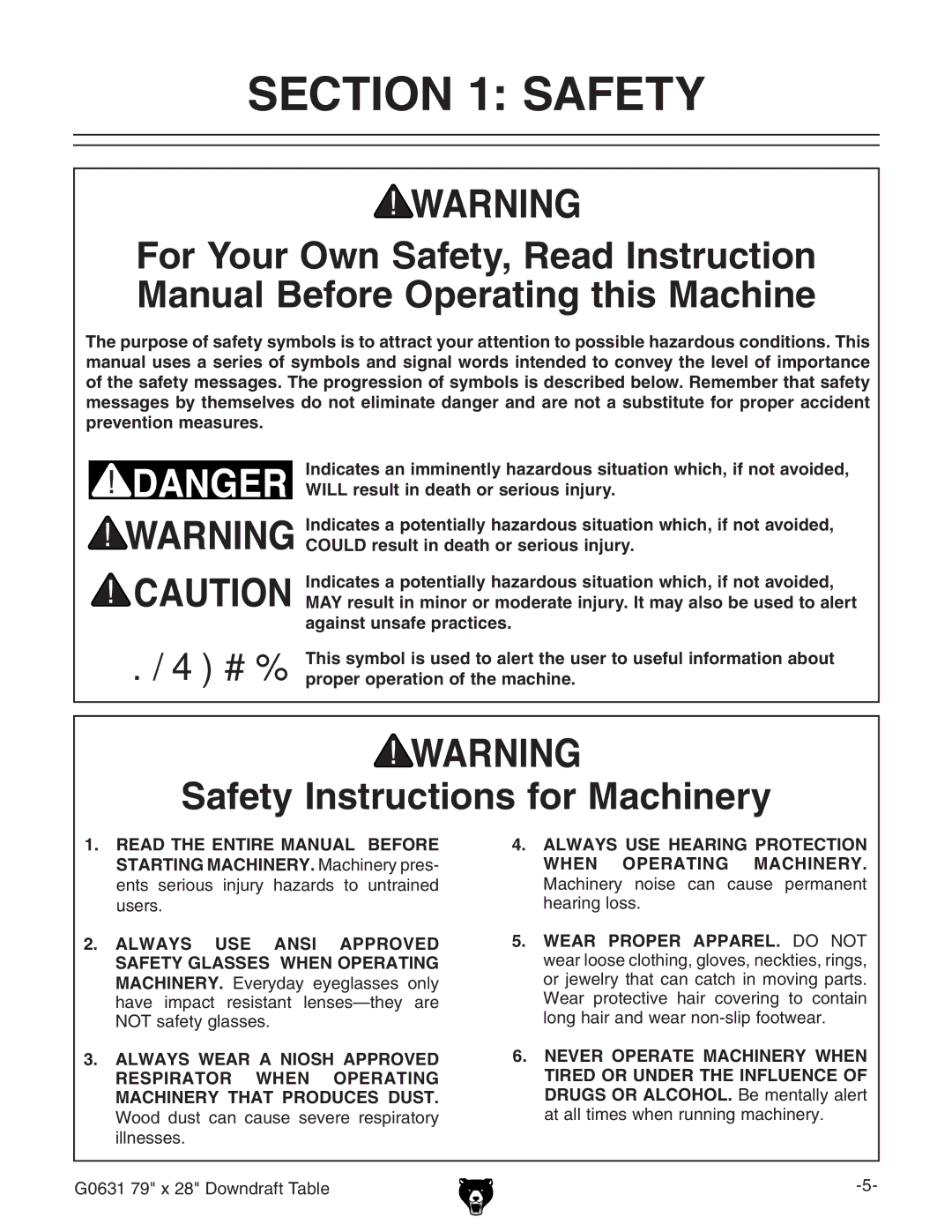 Grizzly G0631 owner manual Safety Instructions for Machinery 