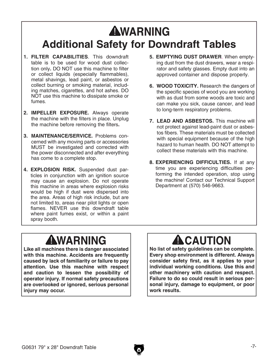 Grizzly G0631 owner manual Additional Safety for Downdraft Tables, MAINTENANCE/SERVICE. Problems con 