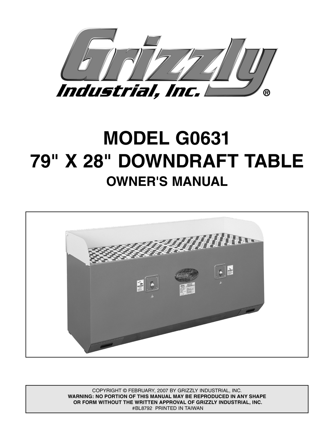 Grizzly owner manual Owners Manual, MODEL G0631 79 X 28 DOWNDRAFT TABLE 