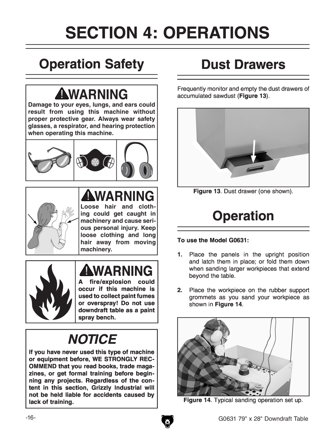 Grizzly G0631 owner manual Operations, Operation Safety, Dust Drawers 