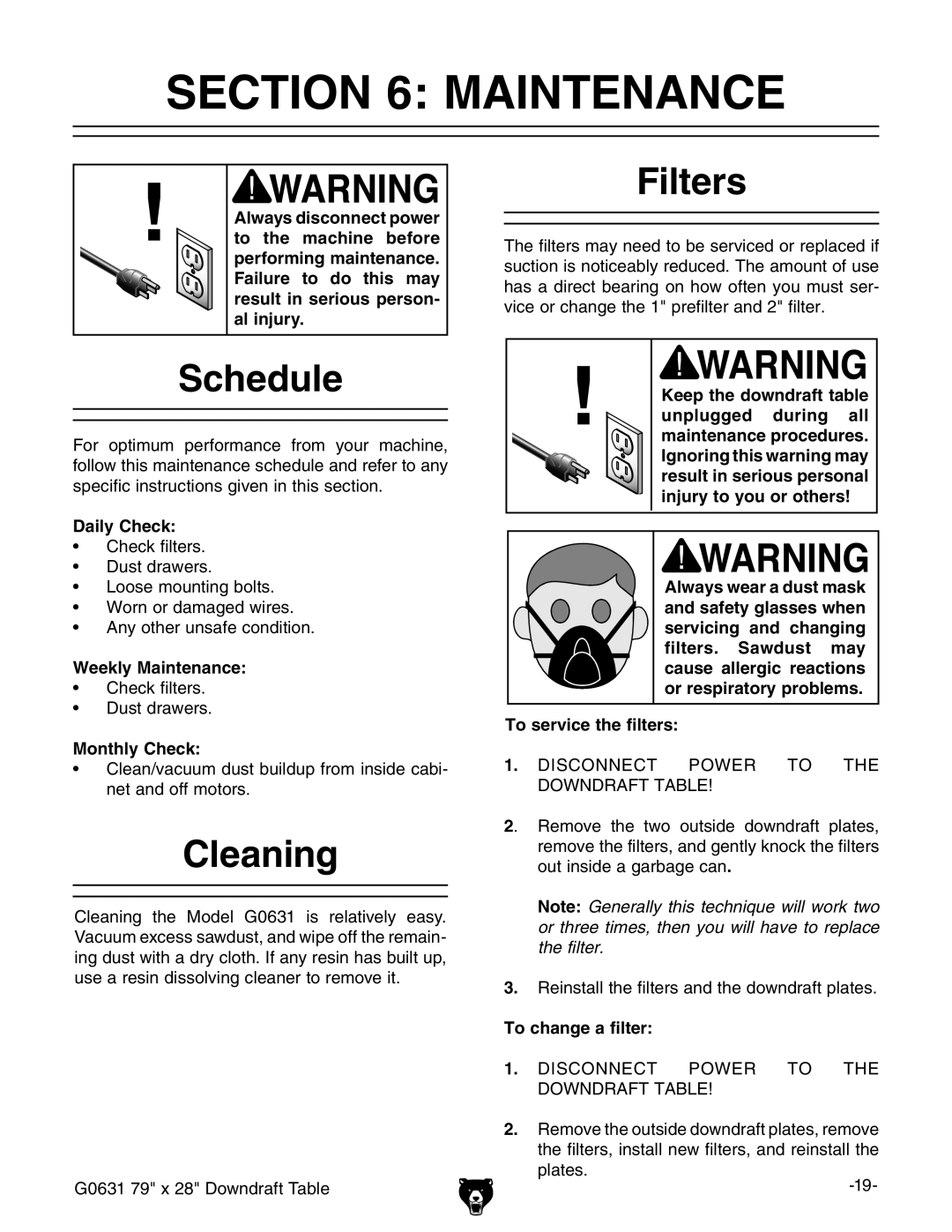 Grizzly G0631 owner manual Maintenance, Schedule, Cleaning, Filters 