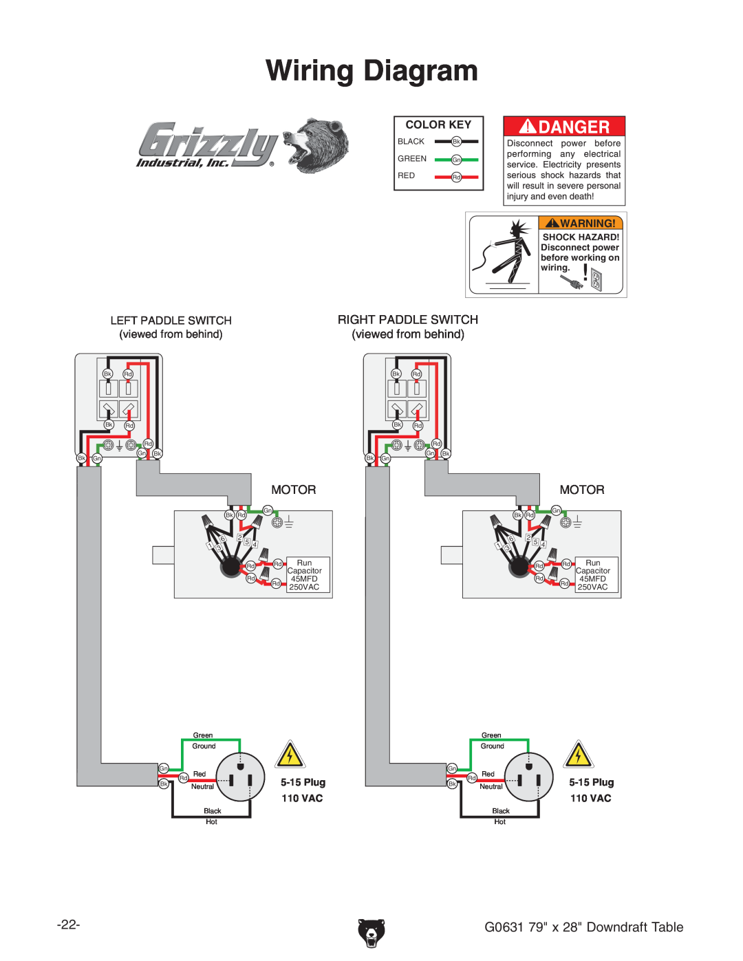 Grizzly owner manual Wiring Diagram, G0631 79 x 28 Downdraft Table 