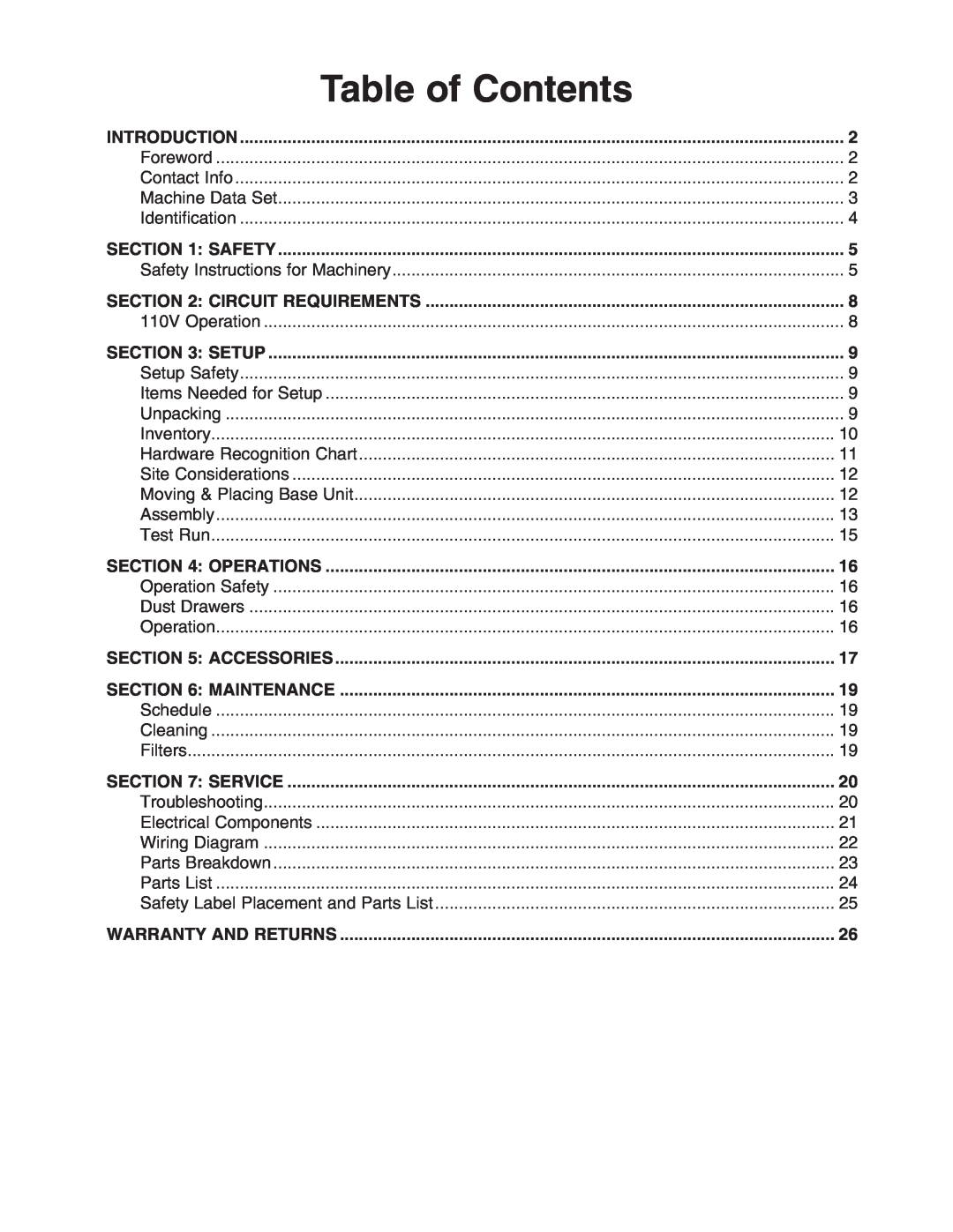 Grizzly G0631 owner manual Table of Contents, Introduction, Safety, Setup, Operations, Accessories, Maintenance, Service 