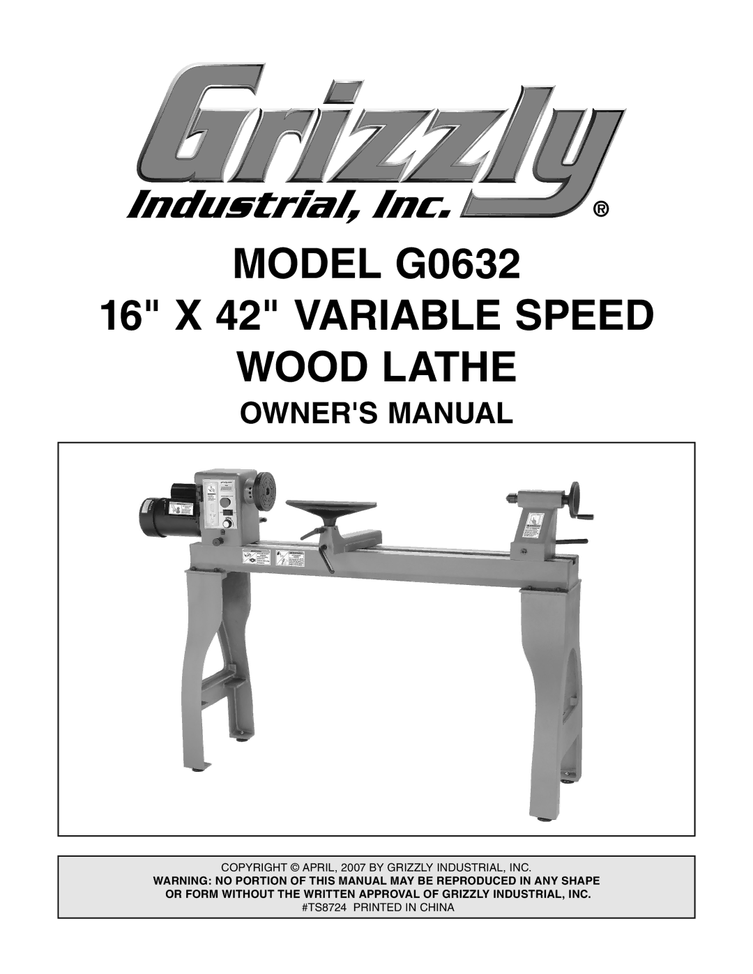 Grizzly owner manual Model G0632 16 X 42 Variable Speed Wood Lathe 