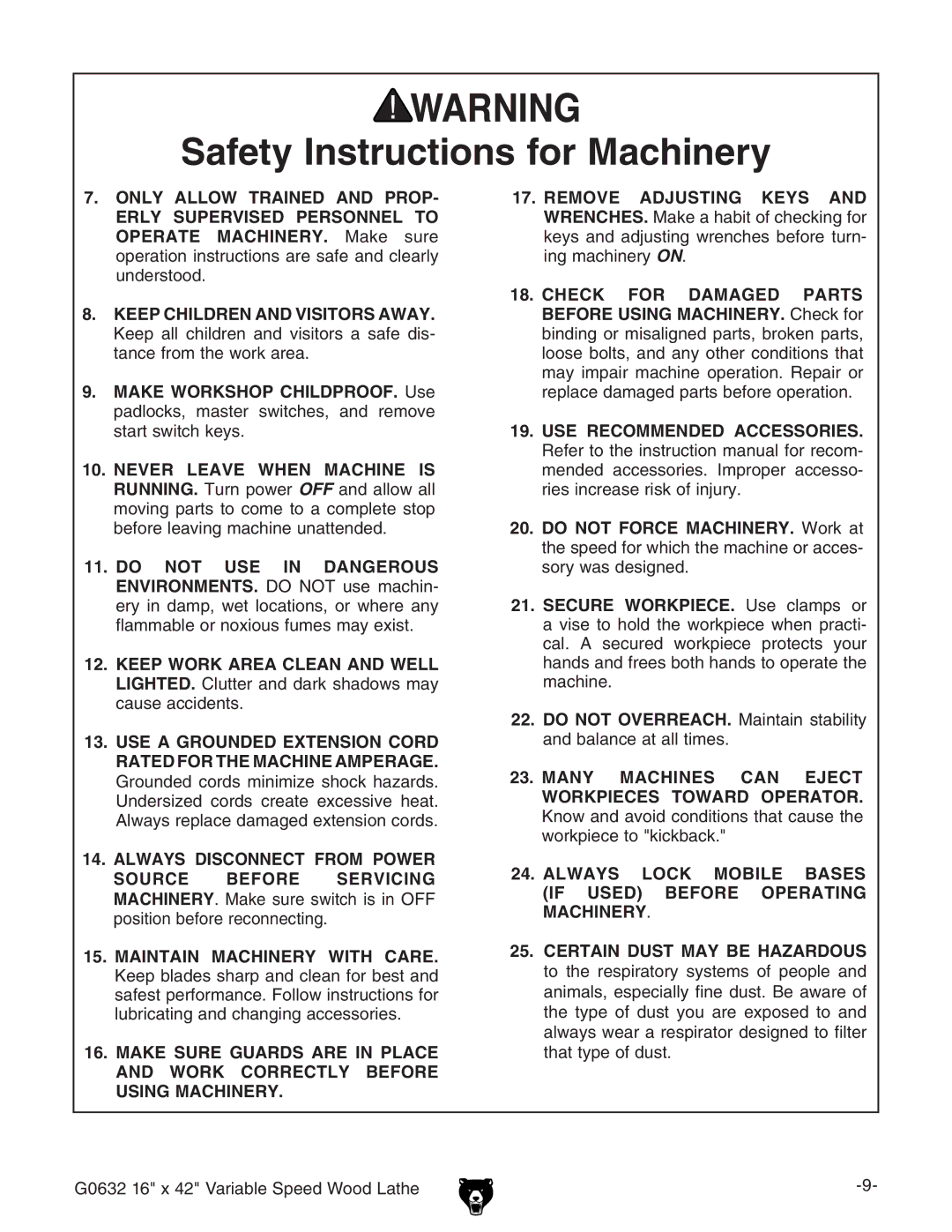 Grizzly owner manual G0632 16 x 42 Variable Speed Wood Lathe 