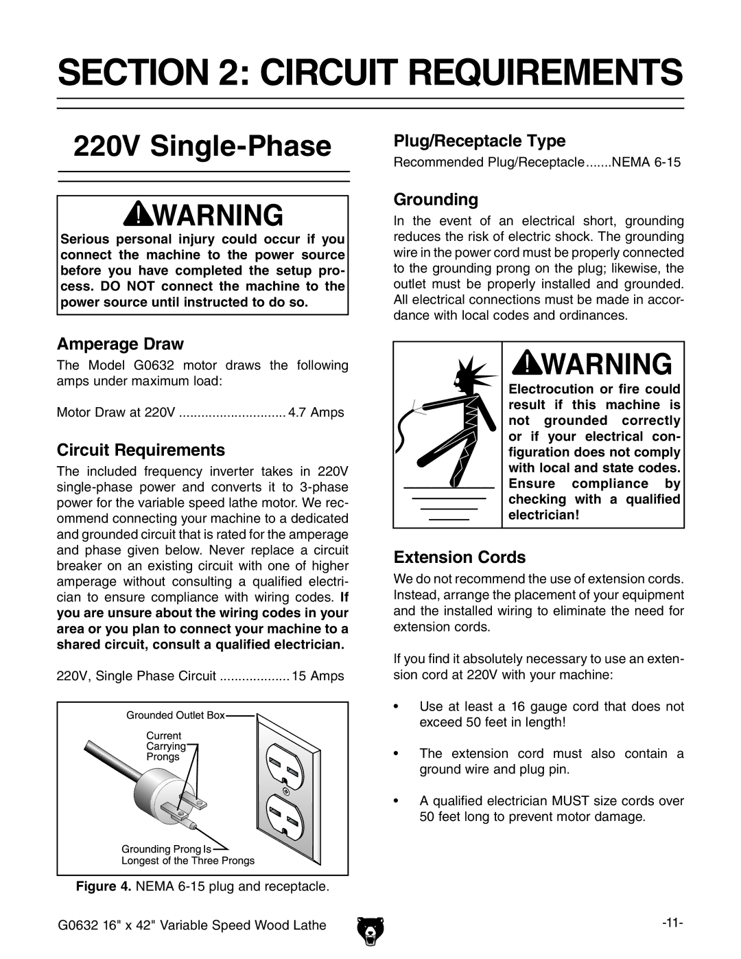 Grizzly G0632 owner manual Circuit Requirements, 220V Single-Phase 