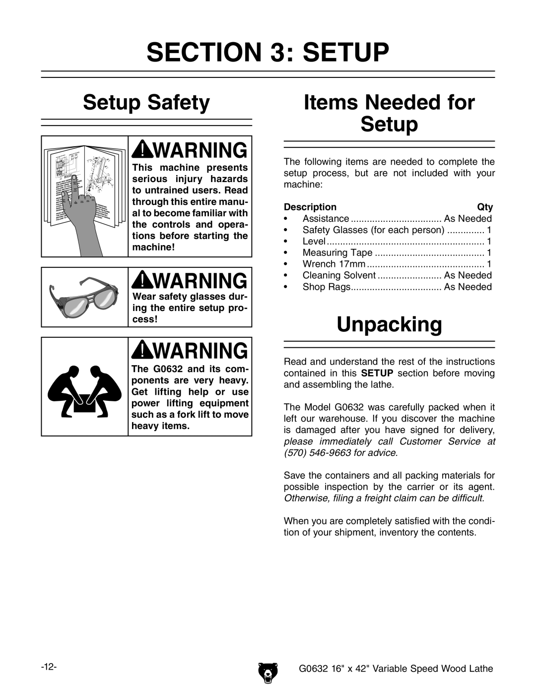 Grizzly G0632 owner manual Setup Safety, Items Needed for Setup, Unpacking, Description Qty 