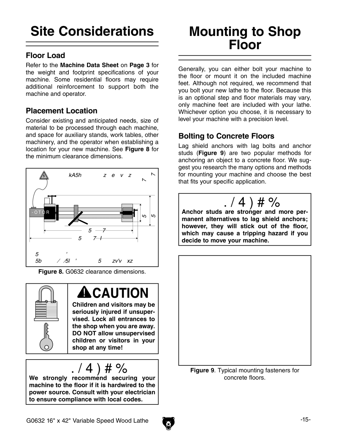 Grizzly G0632 owner manual Site Considerations, Mounting to Shop Floor 