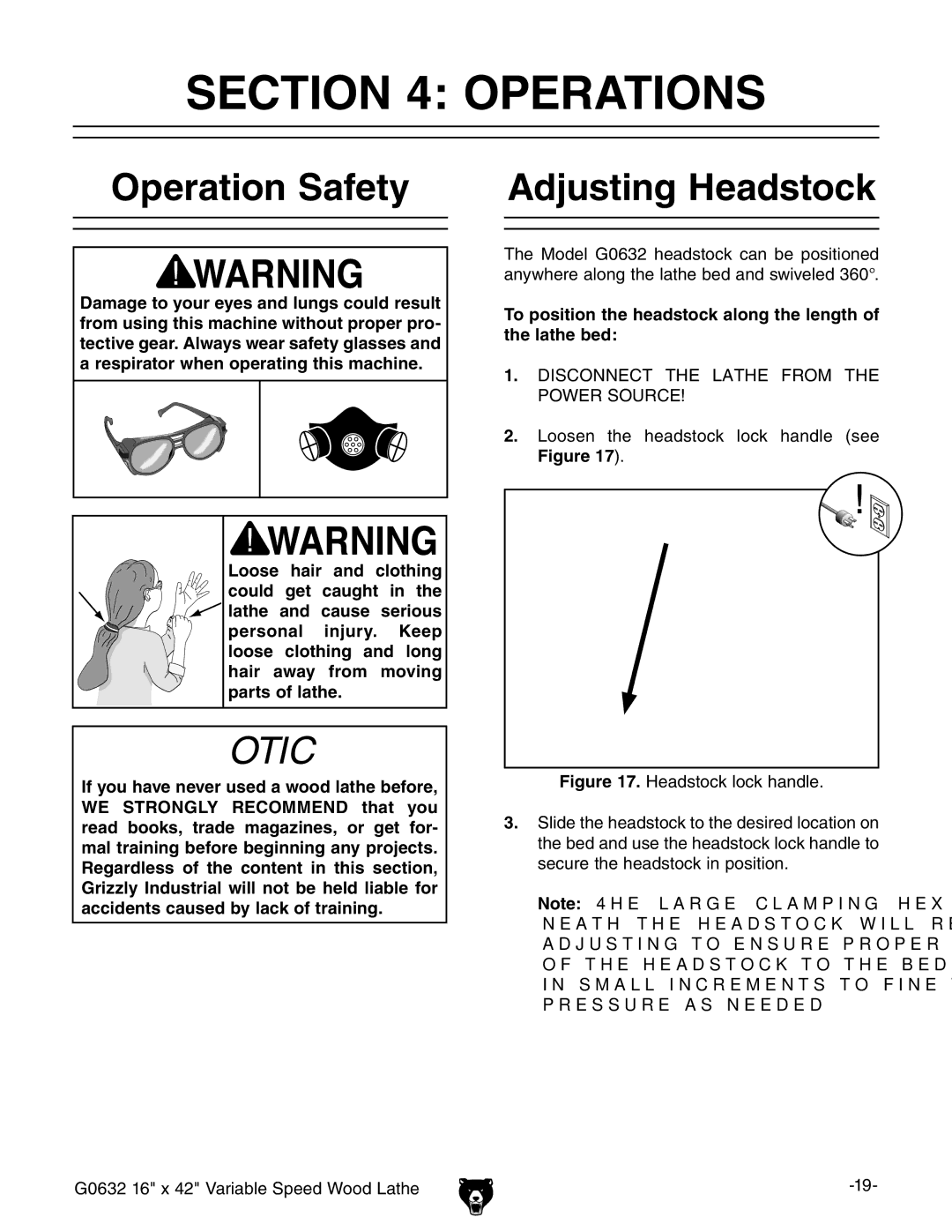 Grizzly G0632 owner manual Operations, Operation Safety Adjusting Headstock 
