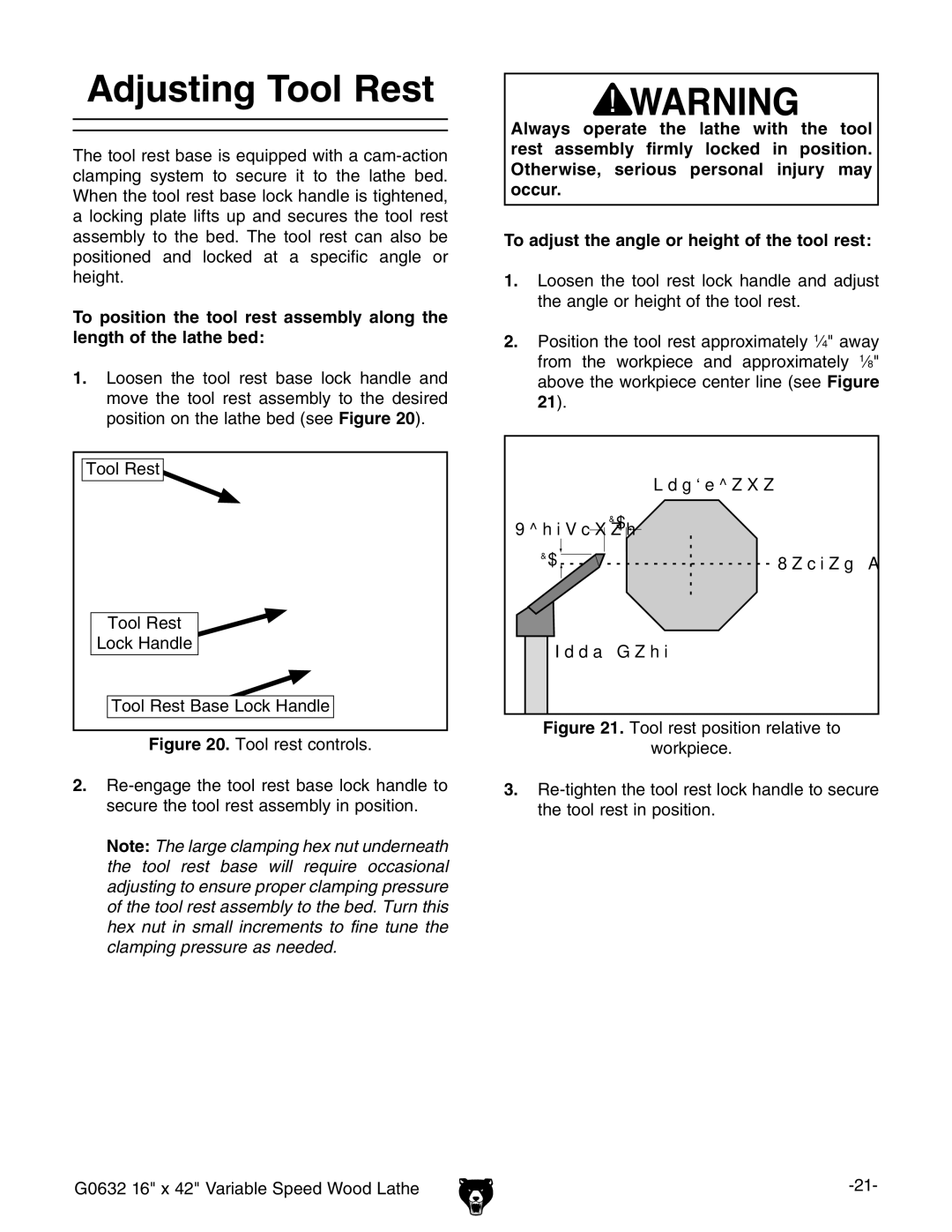 Grizzly G0632 owner manual Adjusting Tool Rest 