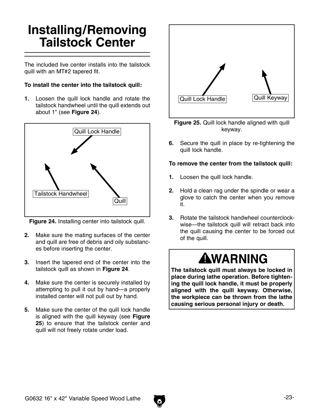 Grizzly G0632 owner manual Installing/Removing Tailstock Center, To install the center into the tailstock quill 