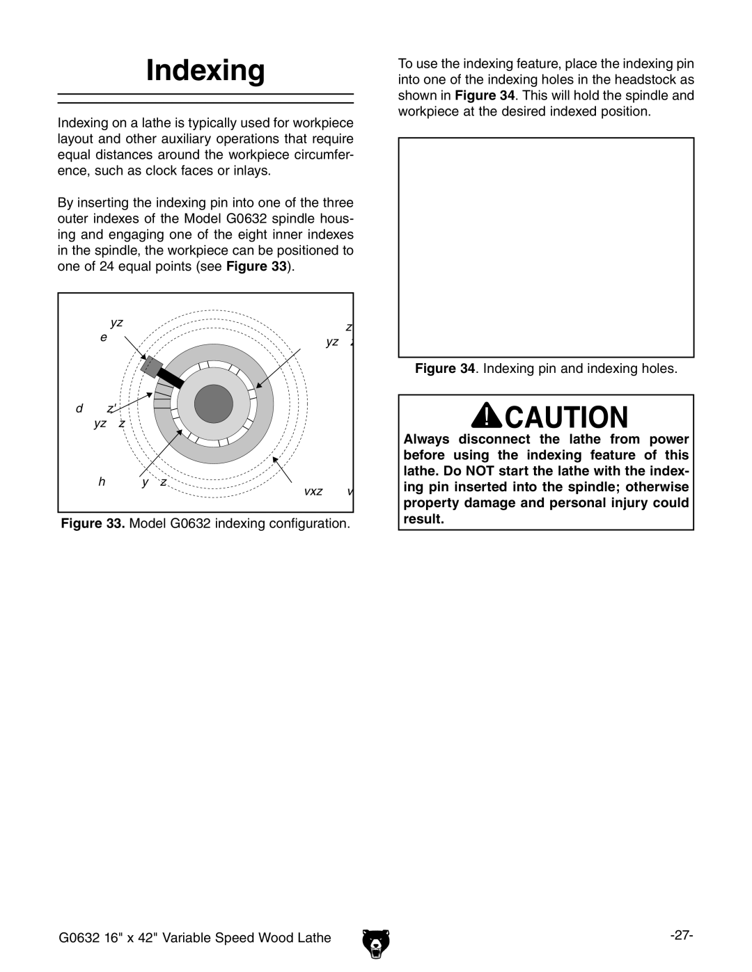 Grizzly G0632 owner manual Indexing pin and indexing holes 