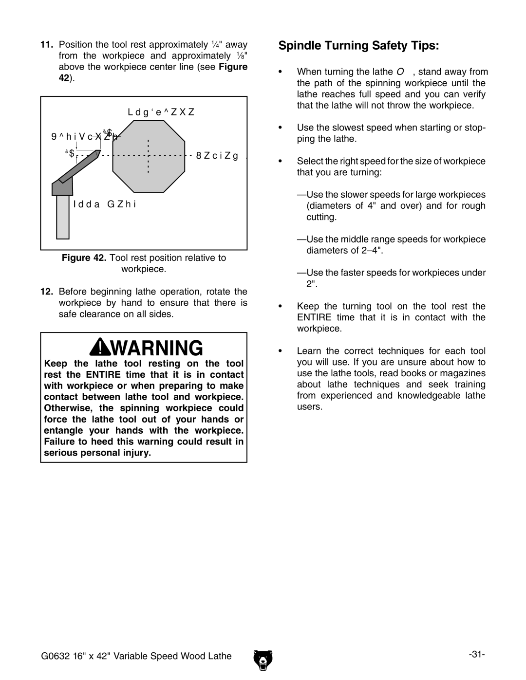 Grizzly G0632 owner manual Spindle Turning Safety Tips 