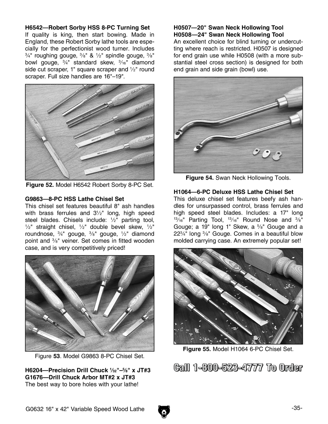 Grizzly G0632 owner manual Model H6542 Robert Sorby 8-PC Set, G9863-8-PC HSS Lathe Chisel Set 