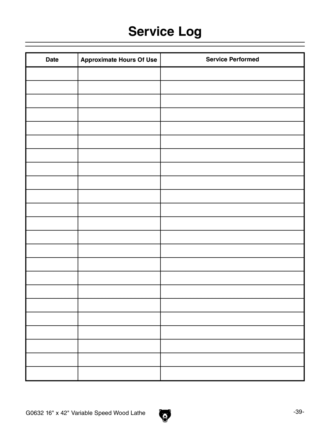 Grizzly G0632 owner manual Service Log, Date Approximate Hours Of Use Service Performed 