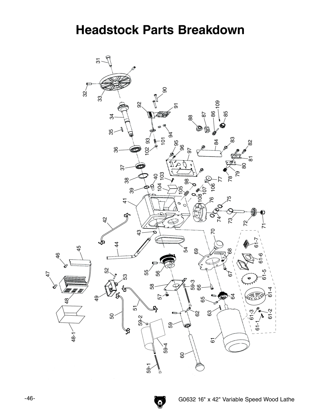 Grizzly G0632 owner manual Headstock Parts Breakdown 