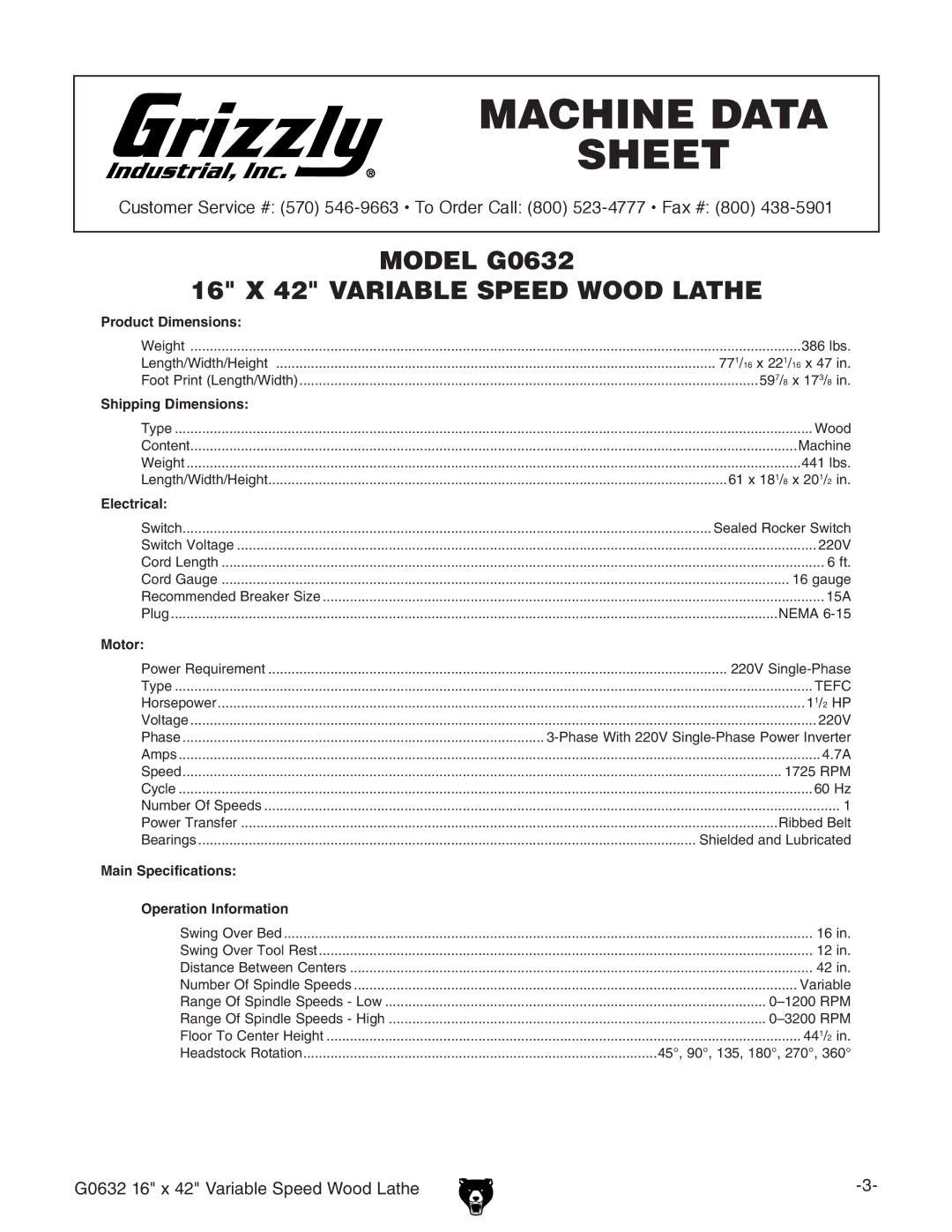Grizzly G0632 owner manual Machine Data Sheet 